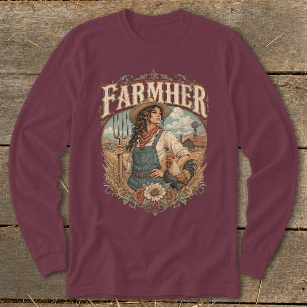 Long sleeve t-shirt with "FARMHER" text, a woman with a pitchfork, and a rooster.