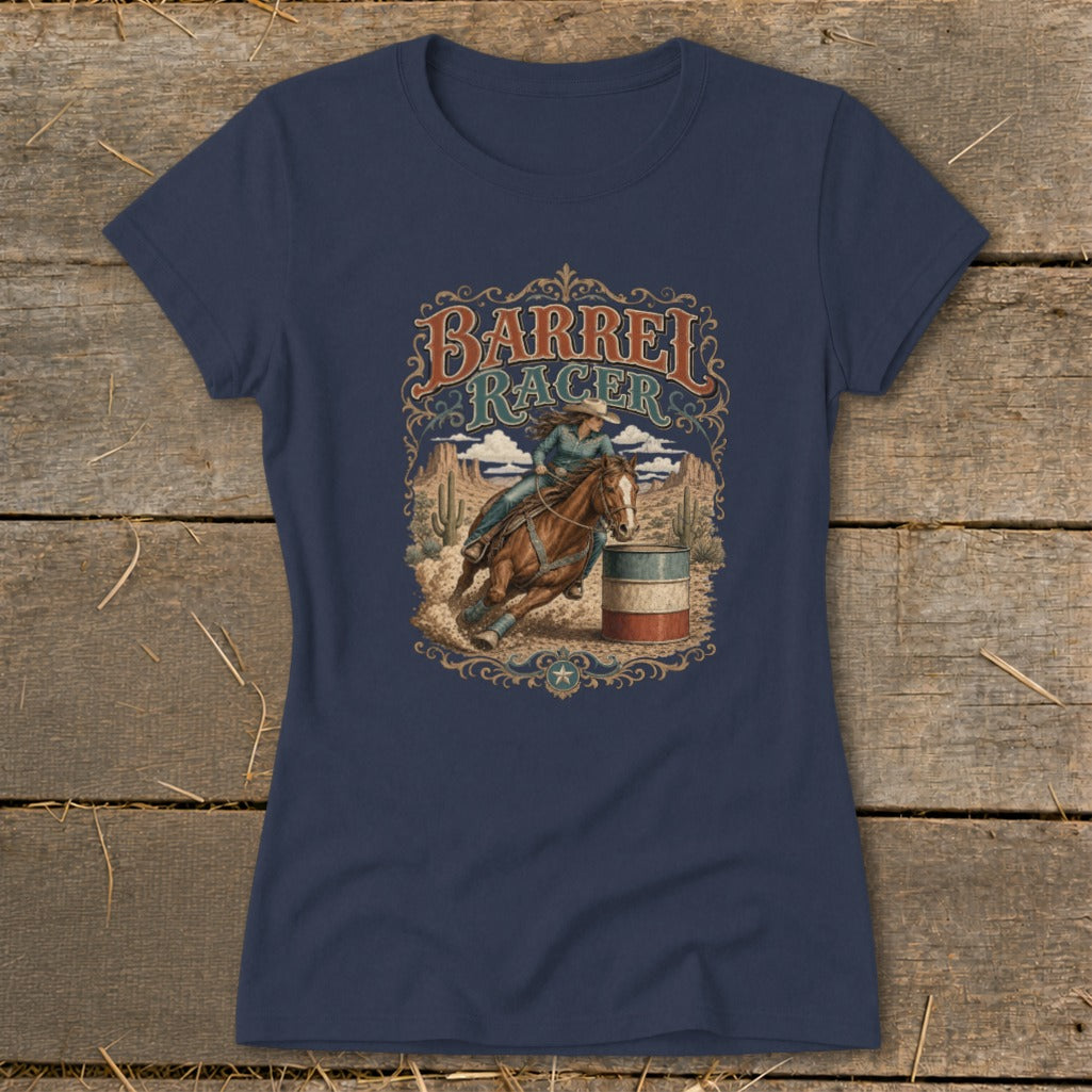 Barrel racer on horse rounding a barrel with desert scenery and text.