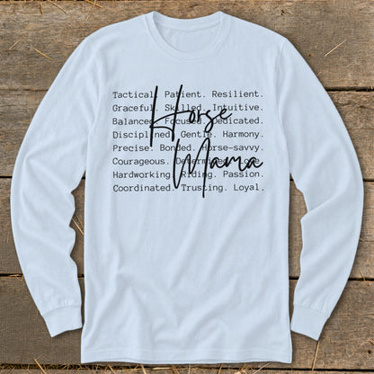 White long-sleeve shirt with "Horse Mama" and descriptive words.
