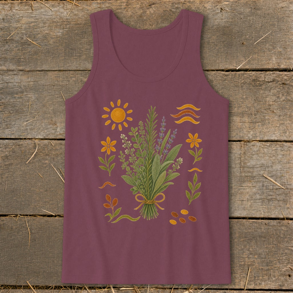 Maroon tank top with a floral bouquet, sun, waves, and seed graphics.