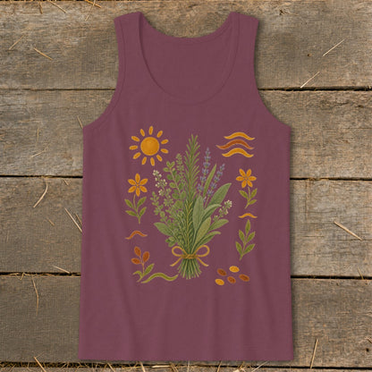 Maroon tank top with a floral bouquet, sun, waves, and seed graphics.