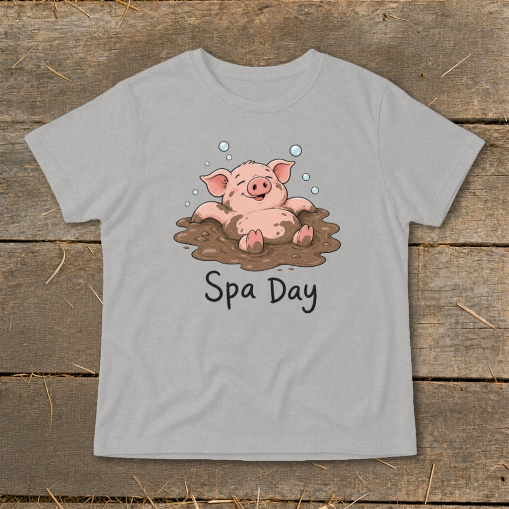 Gray t-shirt with cartoon pig relaxing in mud captioned "Spa Day".