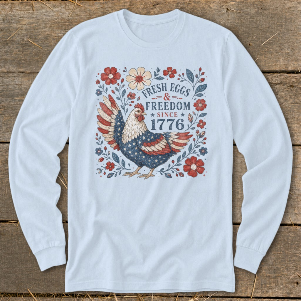 Chicken with American flag wings and "Fresh Eggs & Freedom Since 1776" text.