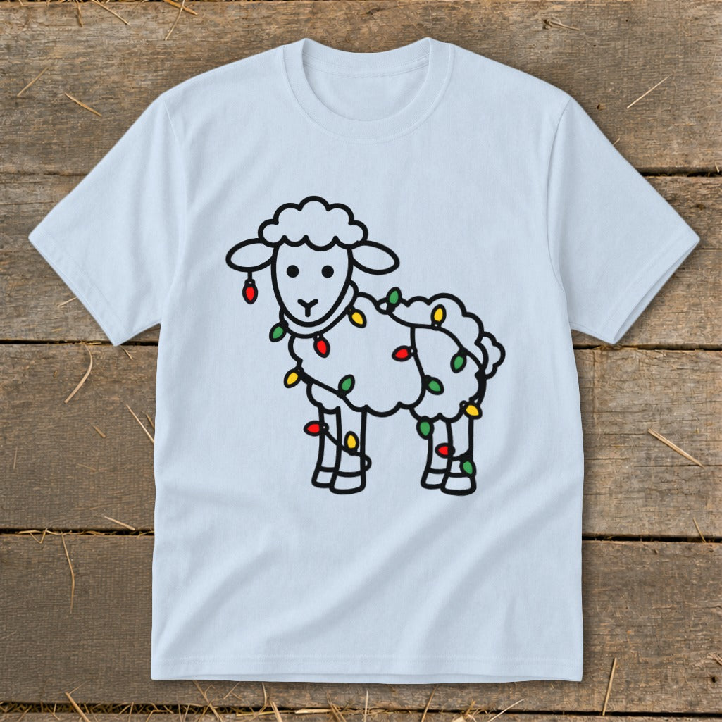 Light blue t-shirt featuring a line drawing of a sheep tangled in colorful Christmas lights.