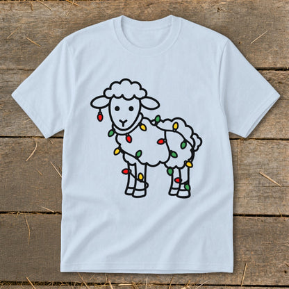 Light blue t-shirt featuring a line drawing of a sheep tangled in colorful Christmas lights.