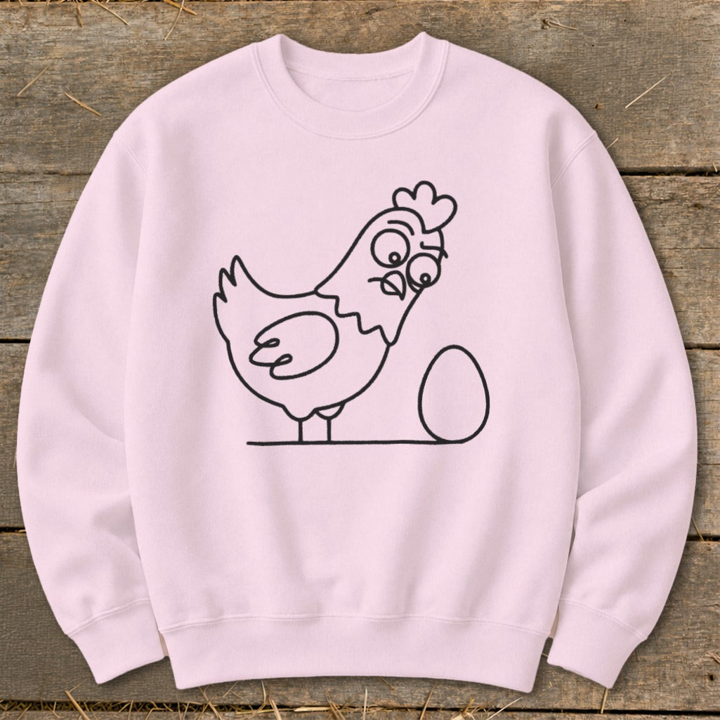 Pink sweatshirt with a black line drawing of a surprised chicken and an egg.