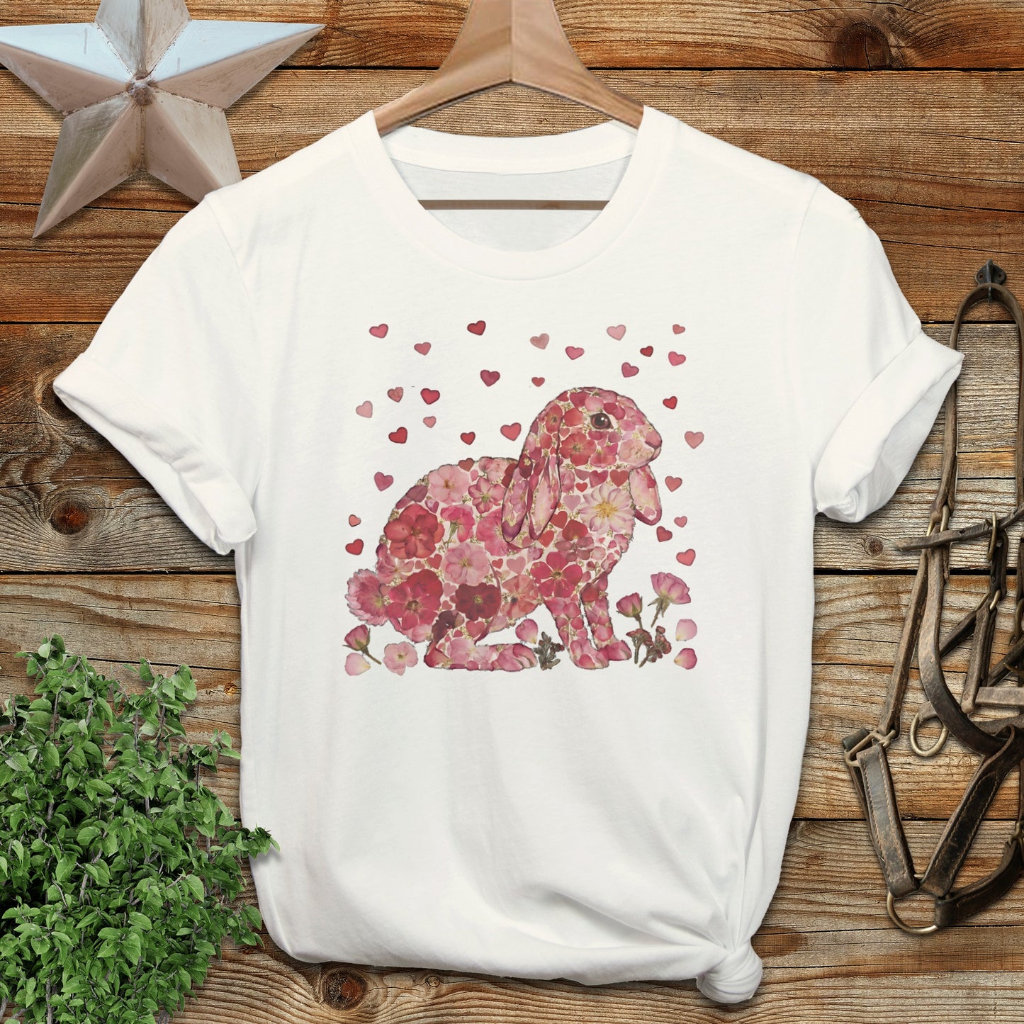 Cute Pink Floral Bunny with Hearts Graphic T-shirt