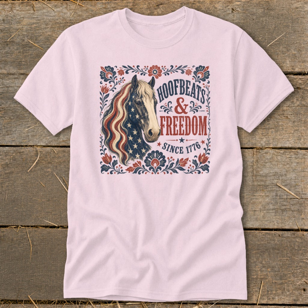 Horse with American flag mane, "Hoofbeats & Freedom Since 1776" text.