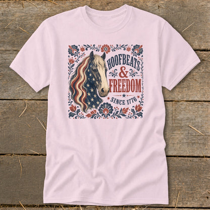 Horse with American flag mane, "Hoofbeats & Freedom Since 1776" text.