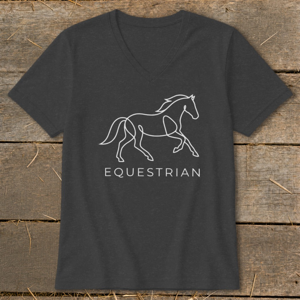 Dark grey v-neck t-shirt with white minimalist horse outline and "EQUESTRIAN" text.