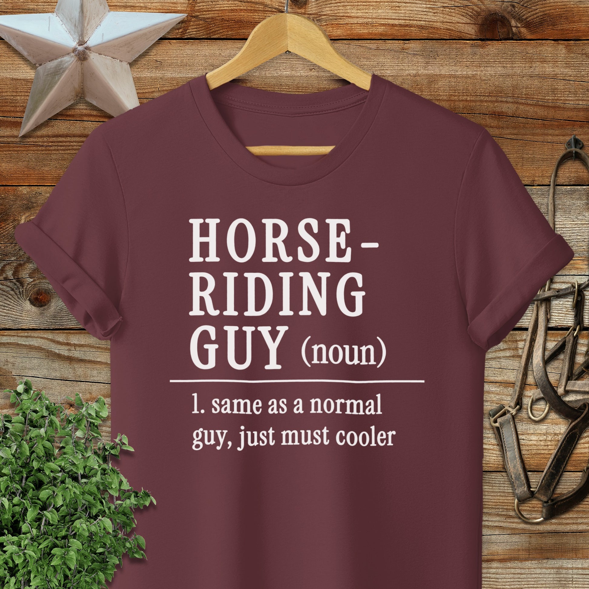 Maroon t-shirt with "HORSE-RIDING GUY" and definition.