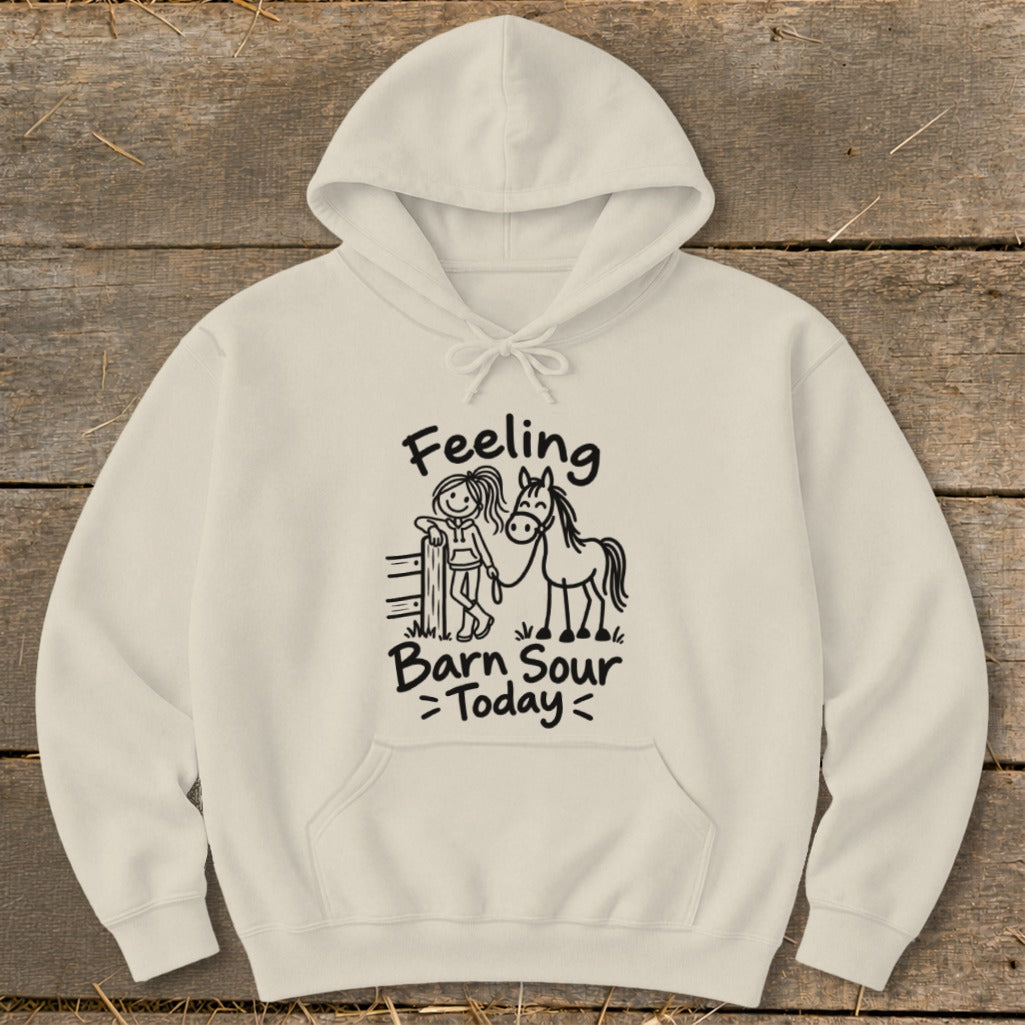 Cream hoodie with "Feeling Barn Sour Today" graphic of girl and horse.