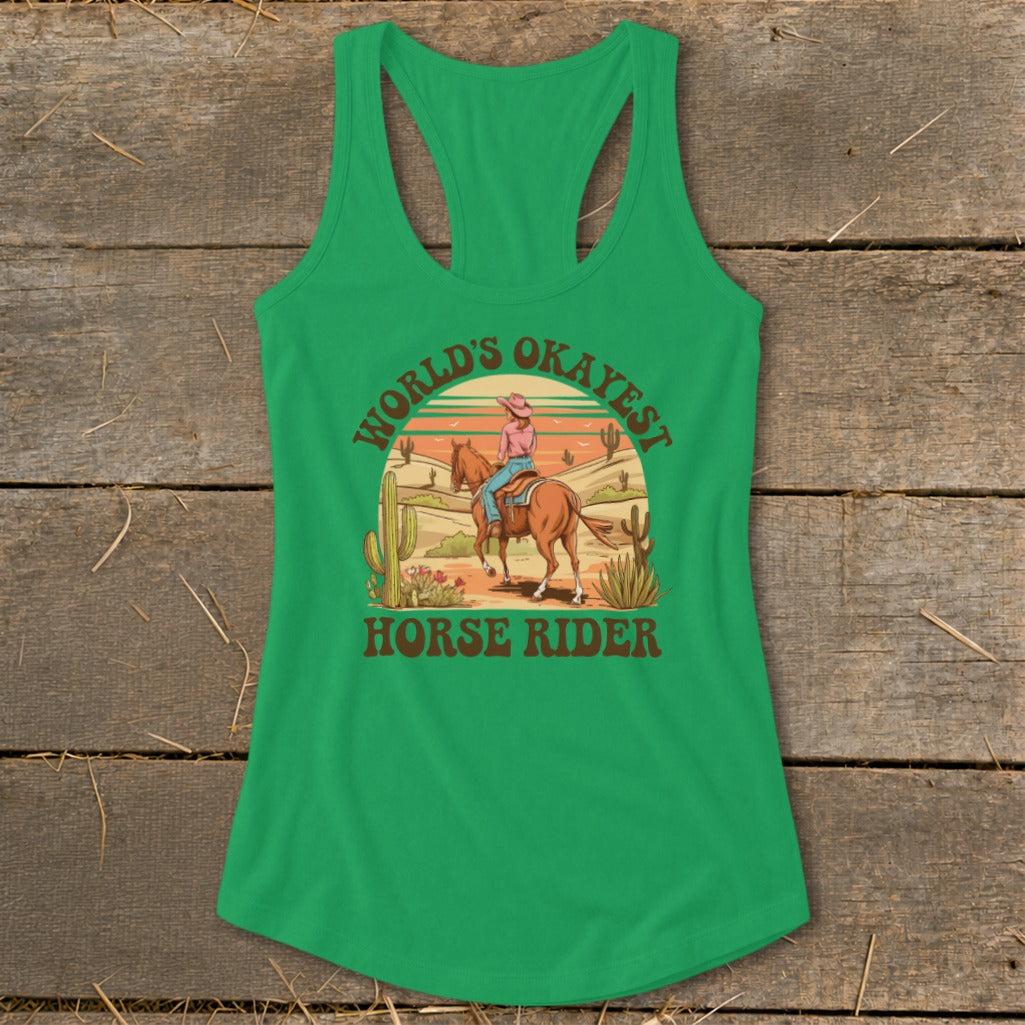 Green tank top with a desert scene and text "World's Okayest Horse Rider."