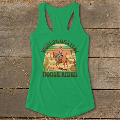 Green tank top with a desert scene and text "World's Okayest Horse Rider."