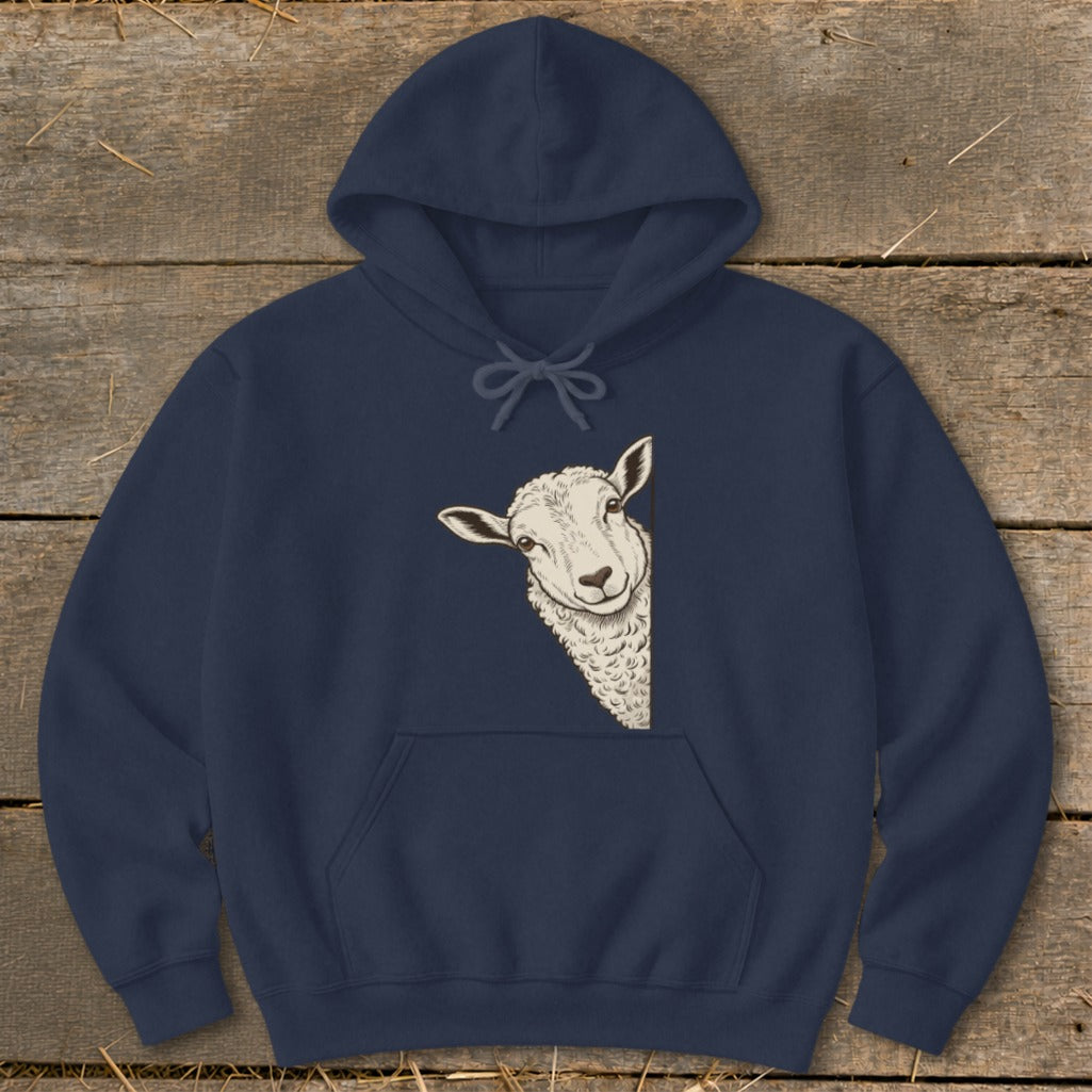 Navy hoodie with a graphic of a peeking sheep on the front.