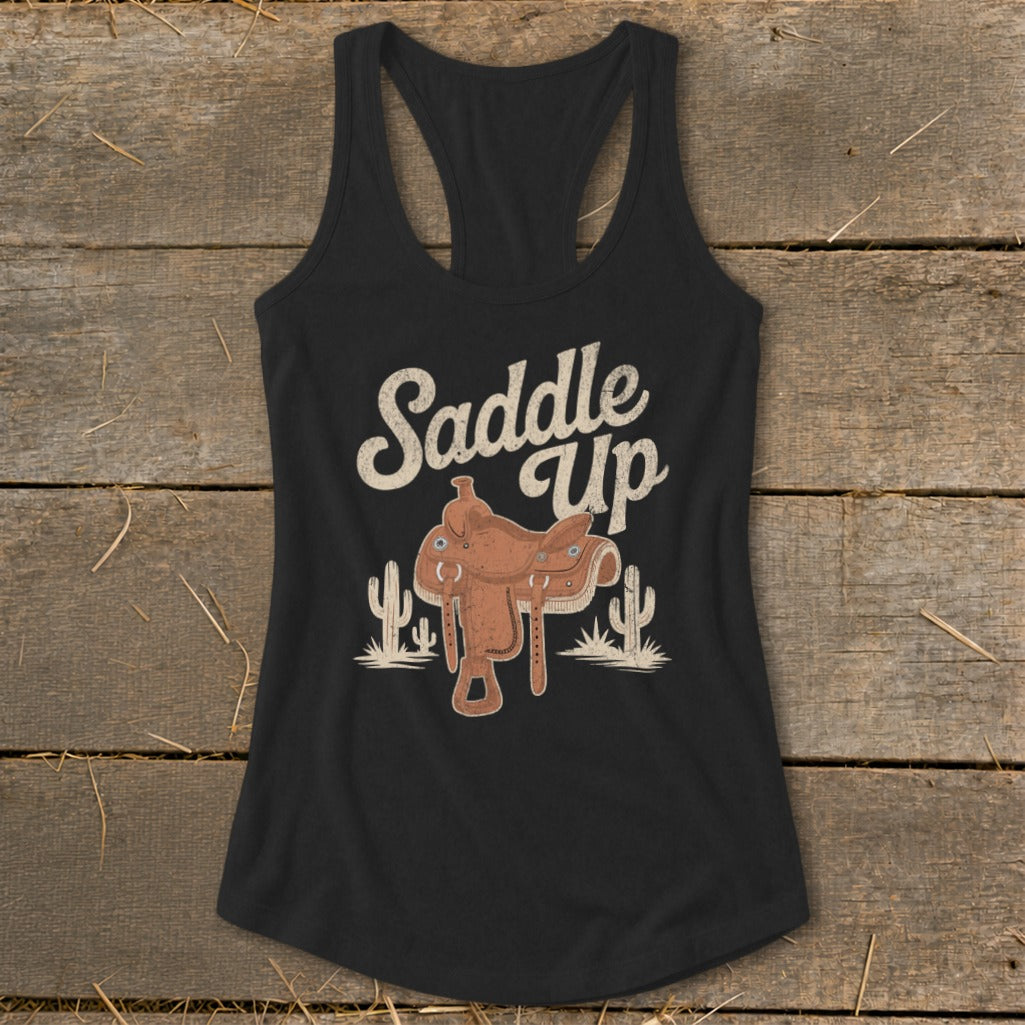 Black tank top with "Saddle Up" text and cowboy saddle graphic.