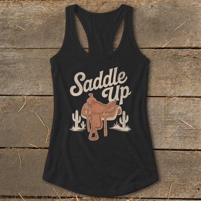 Black tank top with "Saddle Up" text and cowboy saddle graphic.