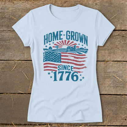 Light blue t-shirt with "HOME GROWN SINCE 1776" text and American flag farm scene.