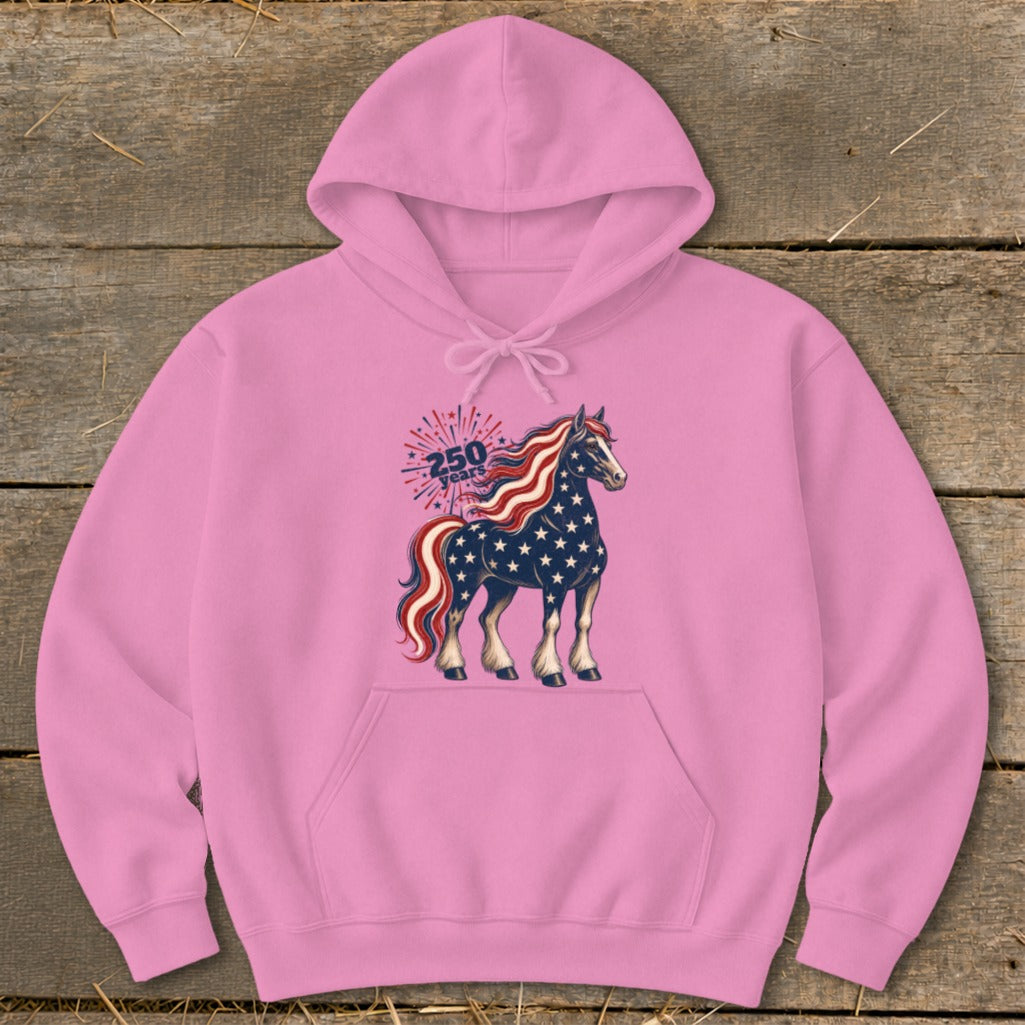 Pink hoodie with a horse illustration in patriotic colors and "250 years" text.