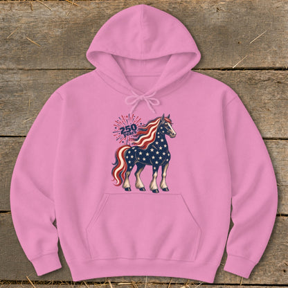 Pink hoodie with a horse illustration in patriotic colors and "250 years" text.