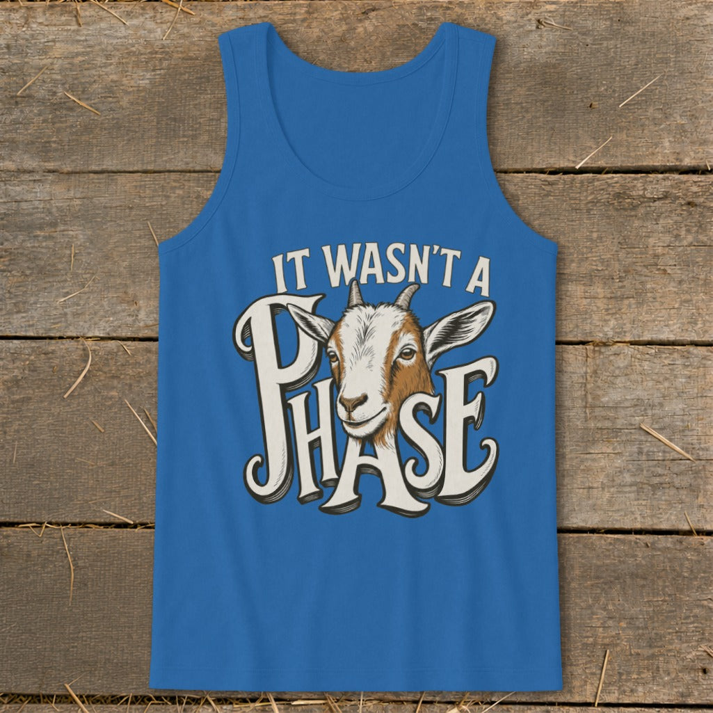 Blue tank top with a goat graphic and the text "It Wasn't a Phase".