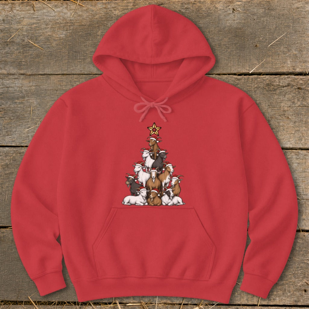 Red hoodie with a Christmas tree made of goats wearing Santa hats.