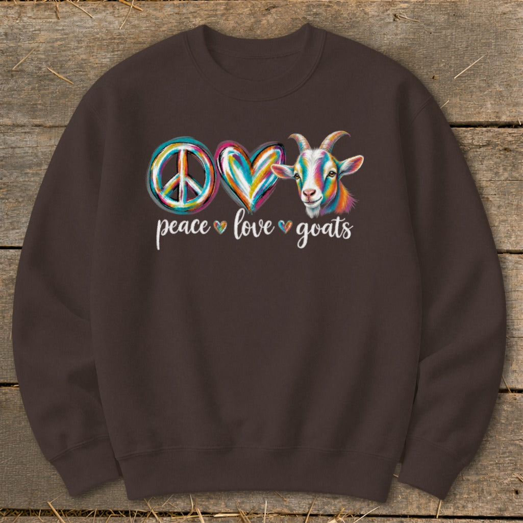 Brown sweatshirt with "Peace Love Goats" graphic and colorful goat.