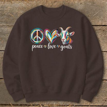 Brown sweatshirt with "Peace Love Goats" graphic and colorful goat.