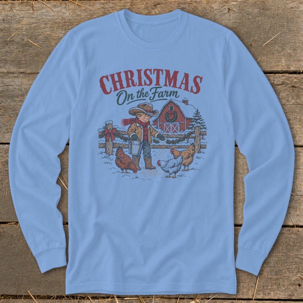 Christmas on the Farm graphic with boy feeding chickens in the snow.