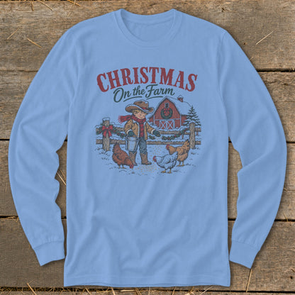Christmas on the Farm graphic with boy feeding chickens in the snow.