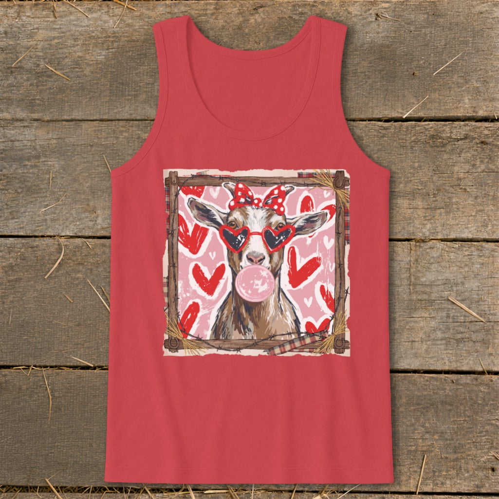 Goat wearing heart sunglasses and a bow, blowing bubblegum, with hearts background.