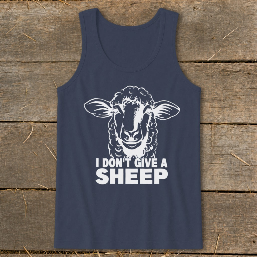 Navy tank top with white graphic of sheep and text "I DON'T GIVE A SHEEP".