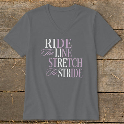 Gray v-neck t-shirt with text "RIDE The LINE STRETCH The STRIDE".