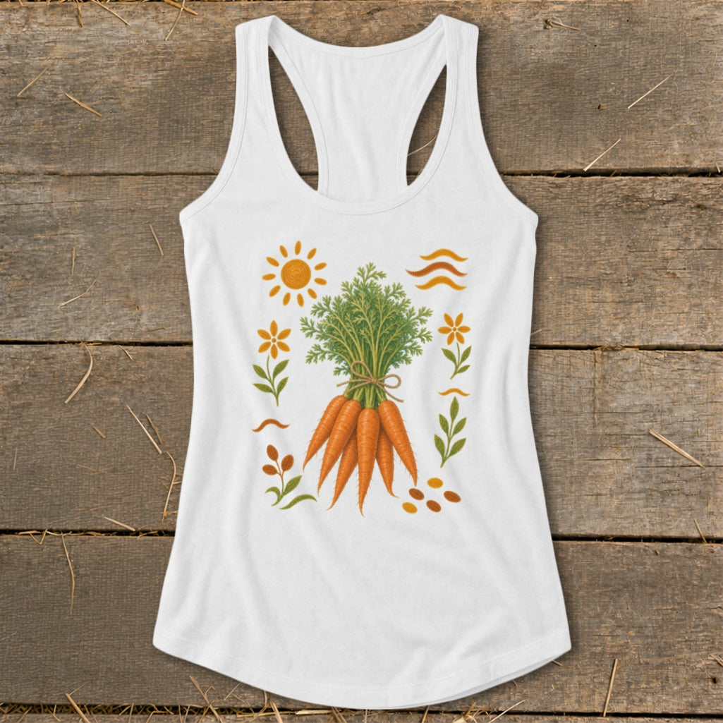 White tank top with a graphic of a bunch of carrots surrounded by sun, flowers, and leaves.