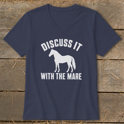 Navy v-neck t-shirt with white text "Discuss It With The Mare" and a horse graphic.