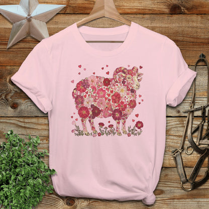 Floral Sheep Design Pink T-Shirt for Animal Lovers