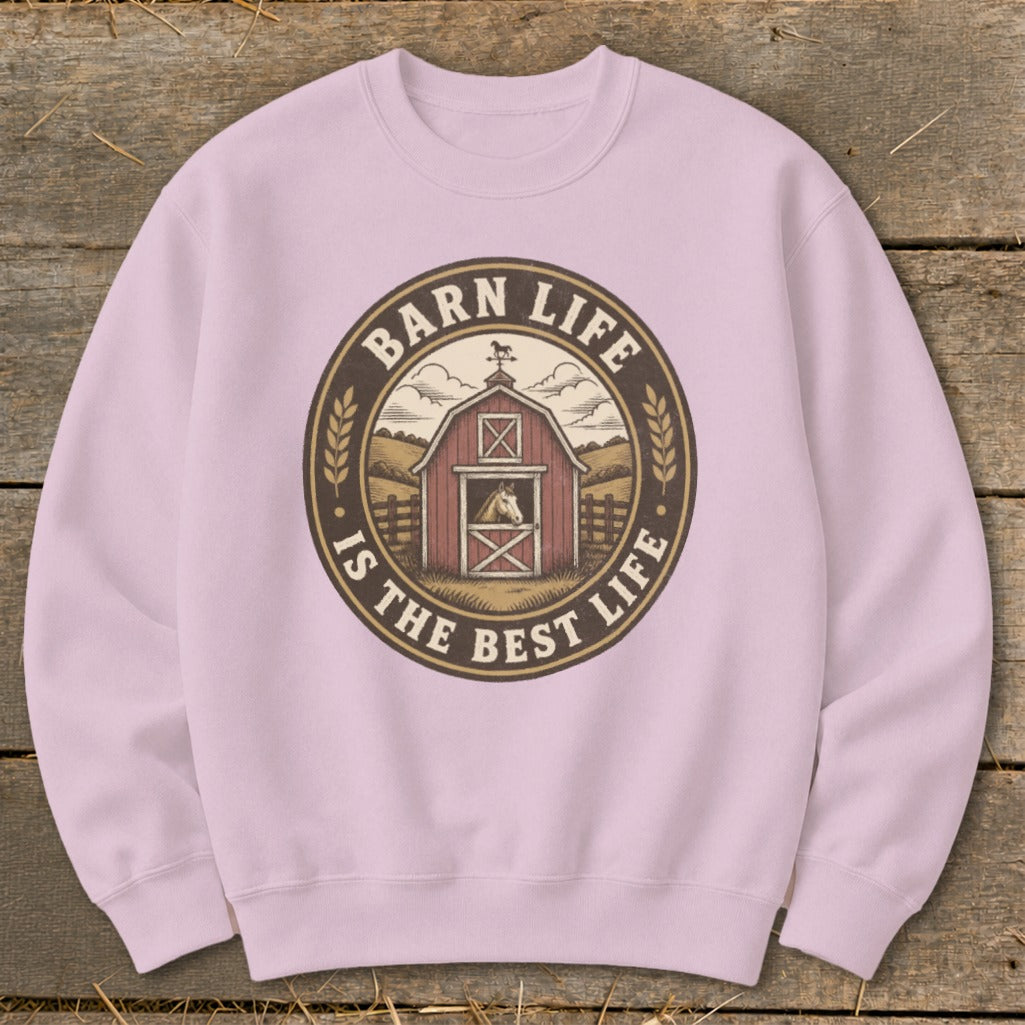 Barn Life is the Best Life emblem with a barn and horse on a light pink sweatshirt.