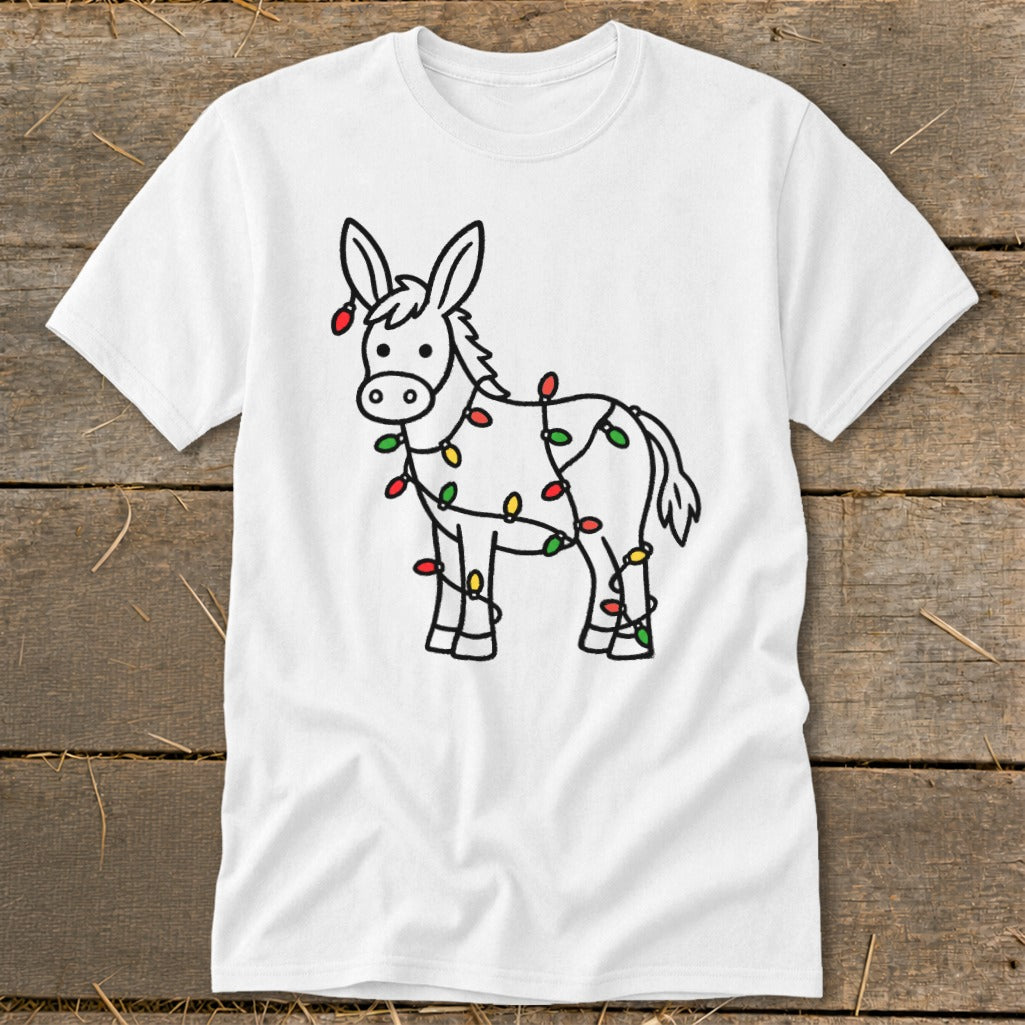 White t-shirt with a black line drawing of a donkey wrapped in colorful Christmas lights.