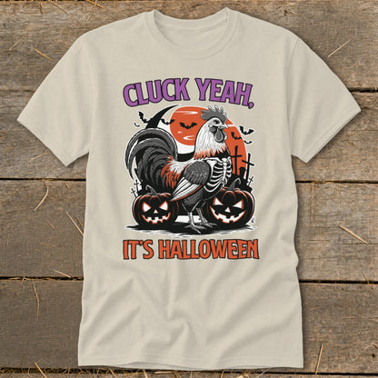 Rooster skeleton with pumpkins and text "CLUCK YEAH, IT'S HALLOWEEN."