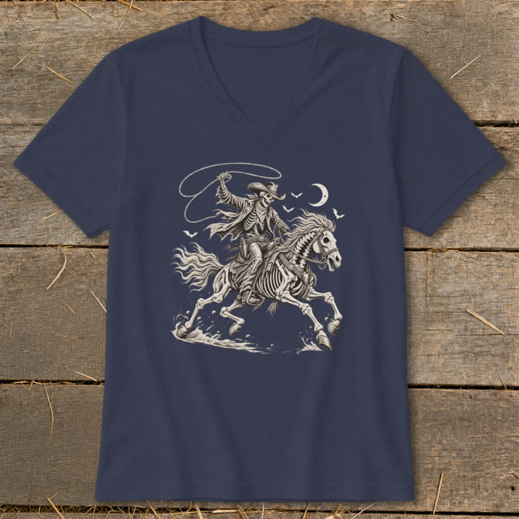 Skeleton cowboy riding a skeleton horse with a lasso under a moonlit sky.