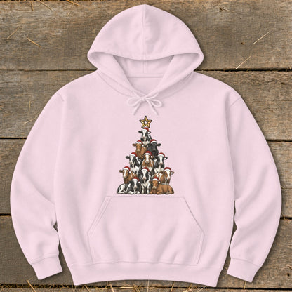 Pink hoodie with a Christmas tree made of cows wearing Santa hats.