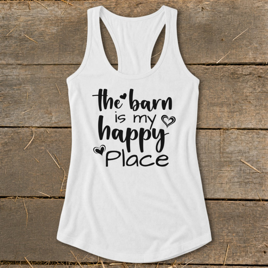 White tank top with "The barn is my happy place" text and hearts.