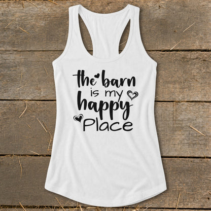 White tank top with "The barn is my happy place" text and hearts.