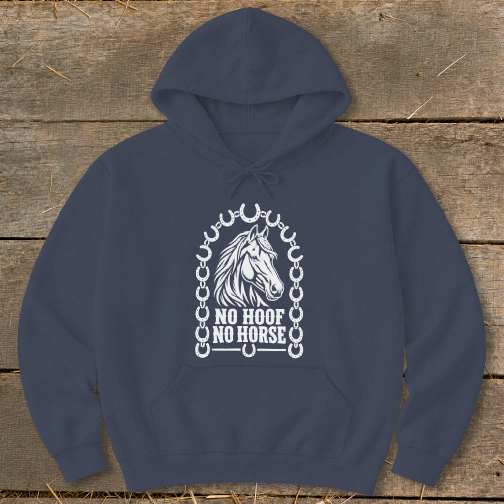 Navy hoodie with white horse head and horseshoe graphic with text "NO HOOF NO HORSE".