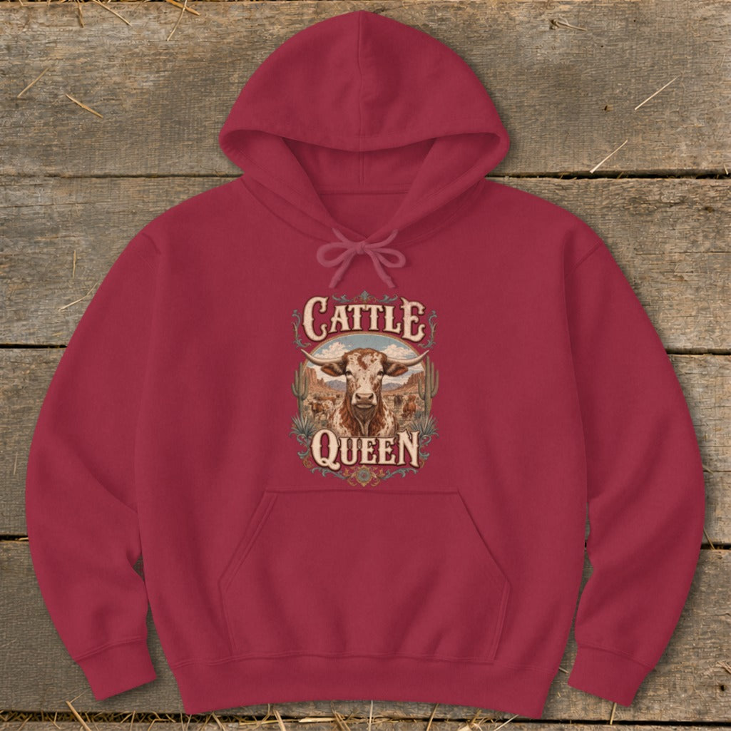 Burgundy hoodie with "Cattle Queen" text and steer graphic.
