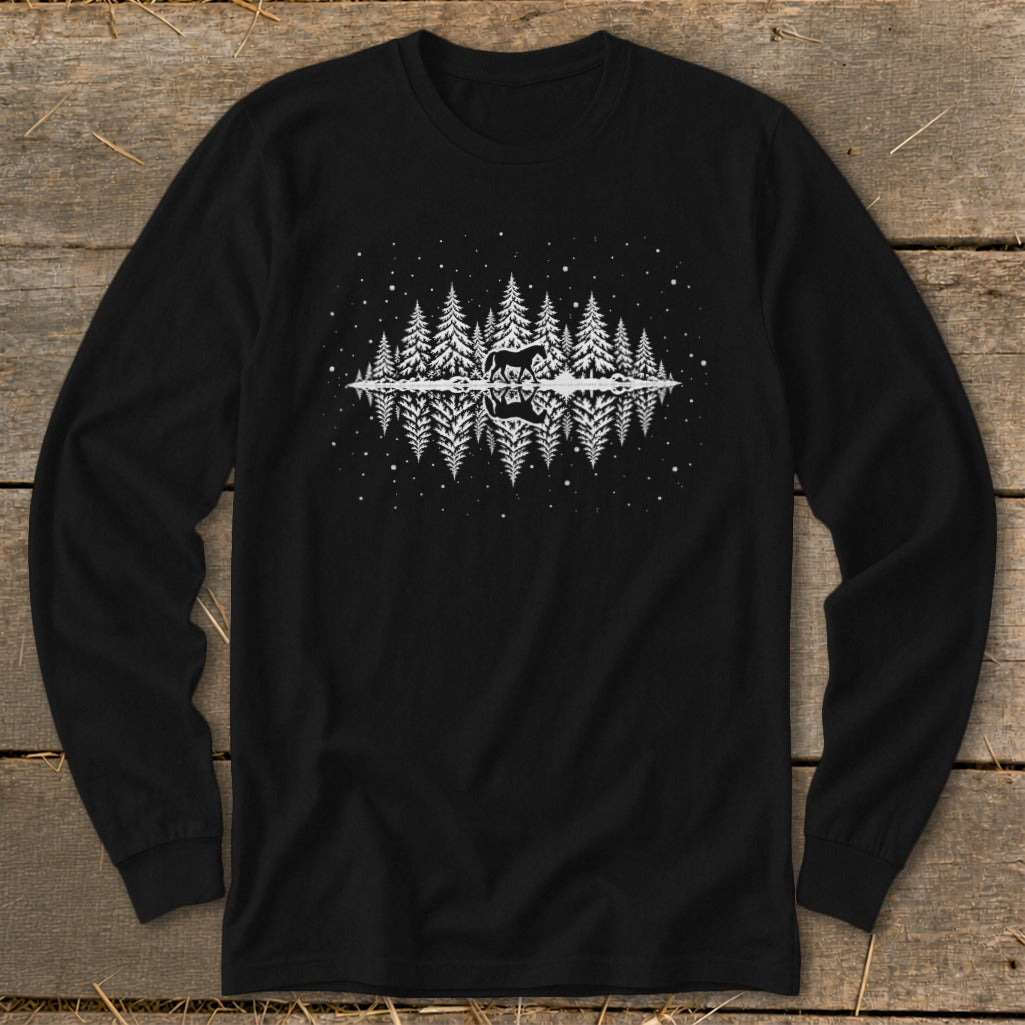 Black long-sleeve shirt with white graphic of deer and pine trees reflected in water.
