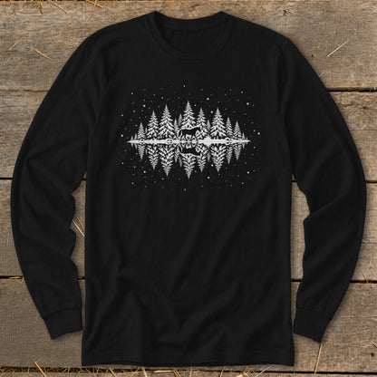 Black long-sleeve shirt with white graphic of deer and pine trees reflected in water.