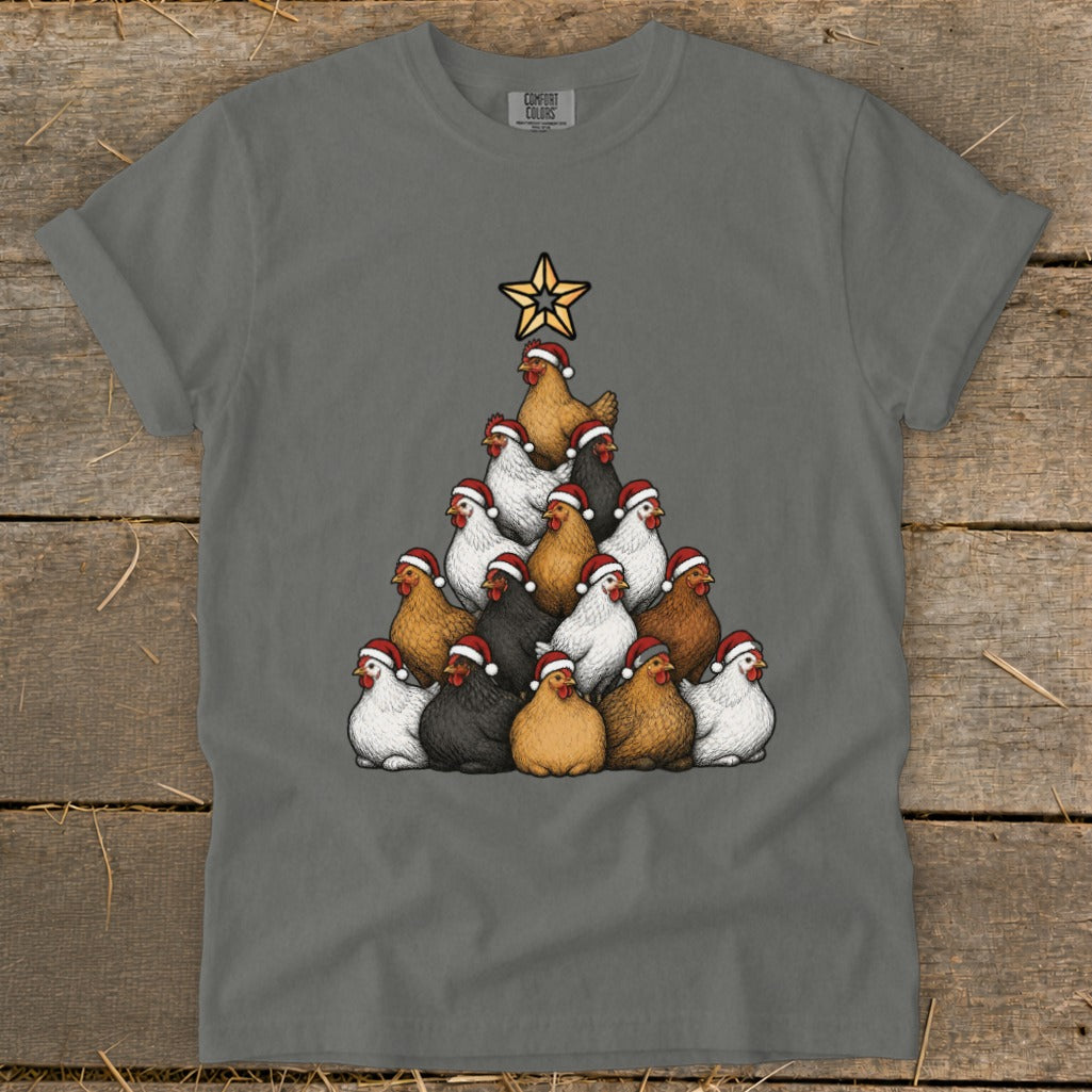 Christmas tree made of chickens wearing Santa hats, topped with a star.