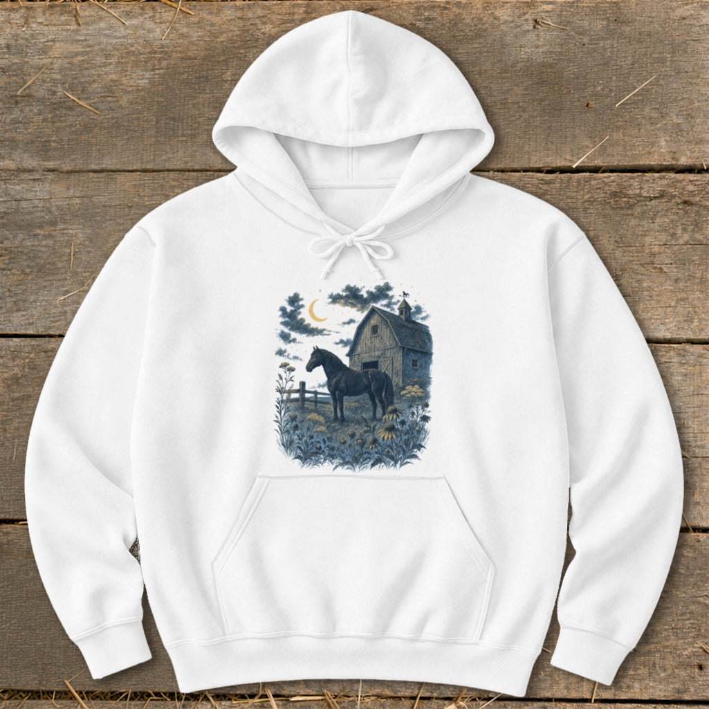 White hoodie with a dark horse, barn, and moon graphic.