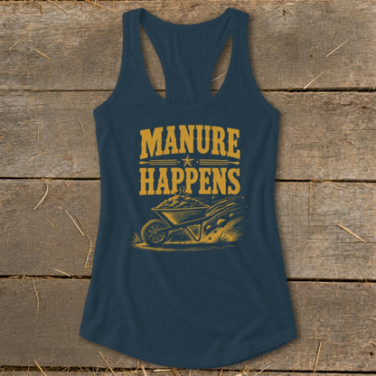 Navy tank top with "MANURE HAPPENS" text and a wheelbarrow graphic.
